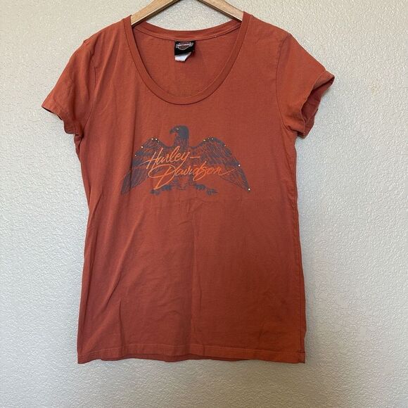 Harley-Davidson Orange Women Eagle Shirt rhinestones Studded large superstition - Picture 1 of 8